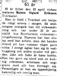 Eriksson Ruben Sigurd Tväråselet 75 år 23 April 1964 NK