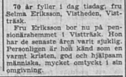 Eriksson Selma Vistträsk 70 år 29 Dec 1959 NSD