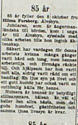 Forsberg Hilma Älvsbyn 85 år 7 okt 1953 Nk