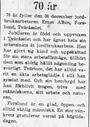 Forslund Ernst Albin Tväråselet 70 år 29 dec 1965 PT