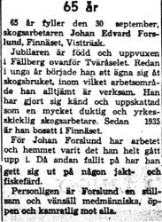 Forslund Johan Edvard Finnäset Vistträsk 65 år 30  Sept 1958 NK