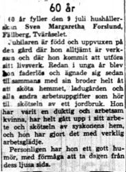 Forslund Svea Margareta Fällberg Tväråselet 60 år 9  juli 1958 Nk