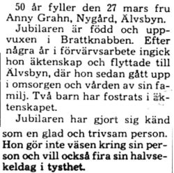 Grahn Anny Nygård 50 år 26 Mars 1975 PT