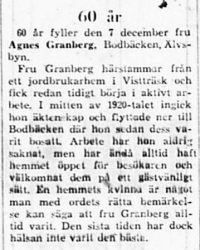 Granberg Agnes Bodbäcken Älvsbyn 60 år 6 Dec 1966 NK