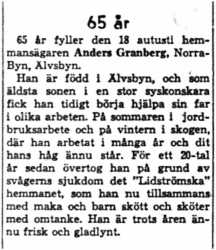 Granberg Anders Norrabyn 65 år 16  Aug 1958 NK