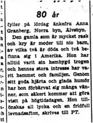 Granberg Anna Norrabyn 80 år 2 Sept 1949 PT