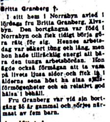 Granberg Britta Älvsbyn död 12 nov 1952 nk