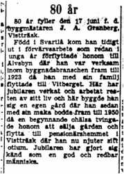 Granberg Johan Alfred  Vistträsk 80 år 16  Juni 1953 NK