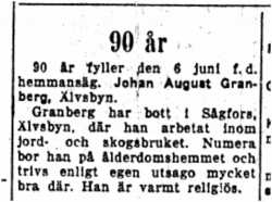 Granberg Johan August Älvsbyn 90 år 6 Juni 1953 NK