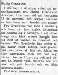 Grankvist Hulda Älvsbyn död 14 Juni 1962 NK