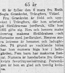 Grankvist Ruth Sofia Trångfors Vidsel 65 år 6 Mars 1964 NK