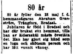 Granström Abraham Trångfors Bredsel 80 år 26 Maj 1953 NK