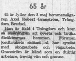 Granström Axel Robert Trångfors Bredsel 65 år 8 Maj 1962 Nk