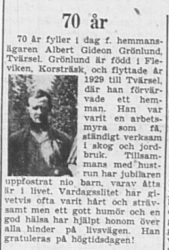 Grönlund Albert Gideon Tvärsel 70 år 26 Nov 1956 PT