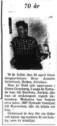 Grönlund Bror Anselm Heden Älvsbyn 70 år 23 April 1975 PT