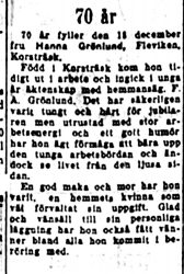 Grönlund Hanna Fleviken 70 år 18 dec 1952 NK
