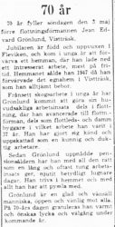 Grönlund Jean Edvard Vistträsk 70 år 2 Maj 1964 PT