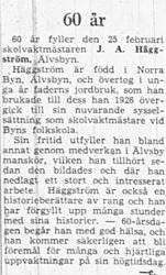 Häggström Johan Arthur Älvsbyn 60 år 24 feb 1949 NK