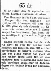 Hammar Hilma Eugenia Älvsbyn 65 år 24 Sept 1965 PT