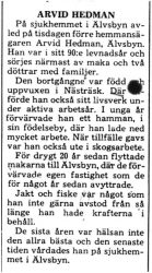 Hedman Arvid Älvsbyn död 26 Mars 1975 PT