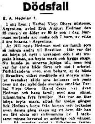 Hedman Erik August fd Nästräsk död i Argentina 17 Juni 1939 NK