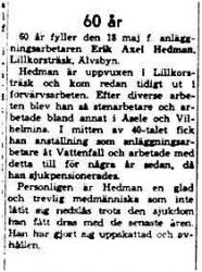 Hedman Erik Axel Lillkorsträsk 60 år 17 Maj 1958 NK