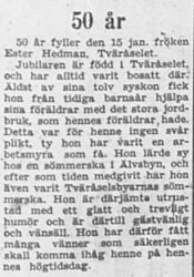 Hedman Ester Tväråselet 50 år 14 Jan 1957 PT