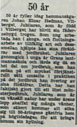 Hedman Johan Einar Vitberget 50 år 14 okt 1953 PT