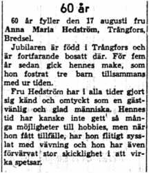 Hedström Anna Maria Trångfors Bredsel 60 år 16  Aug 1958 NK