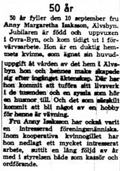 Isaksson Anny Margaretha Älvsbyn 50 år 10  Sept 1958 NK