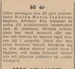 Isaksson Hulda Maria Sågfors 60 år 18 juni 1949 NFL