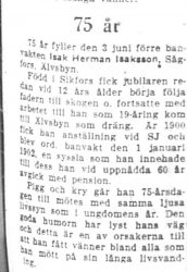Isaksson Isak Herman Sågfors 75 år Juni 1951 NK