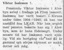 Isaksson Viktor Älvsbyn Död 22 Juli 1946 NA