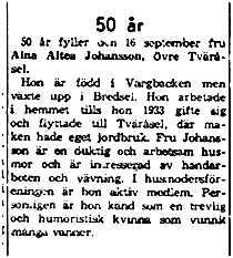 Johansson Aina Altea Övre Tväråsel 50 år 16 sept 1961 NK