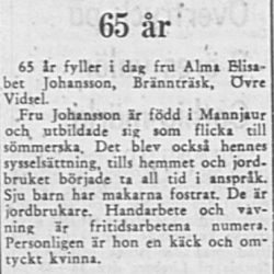 Johansson Alma Elisabet Brännträsk Vidsel 65 år 28 Jan PT
