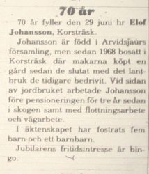 Johansson Elof Korsträsk 70 år 28 Juni 1975 Nk
