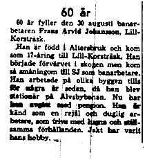 Johansson Frans Arorsträsk 60 år 30 Aug 1961 NK