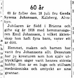 Johansson Gerda Syrena Kälsberg 60 år 17  Juli 1958 Nk
