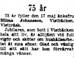Johansson Hilma Vistbäcken 75 år 16  Juni 1953 NK