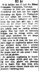 Johansson Hilma Vistbäcken 80 år 17  Juni 1958 NK
