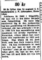 Johansson Johan Ferdinand  Korsträsk 80 år 13 Aug 1949 NK