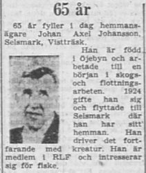 Johansson Johan Axel Selsmark Vistträsk 65 år 18 Jan PT