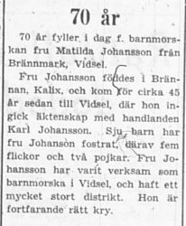 Johansson Matilda Brännmark Vidsel 70 år 9 juli 1956 PT