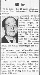 Johansson Sten Småträsk 60 år 22 April 1964 PT