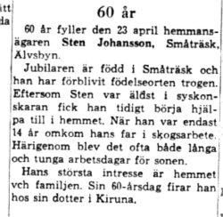 Johansson Sten Småträsk 60 år 23 April 1964 NK