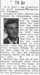 Jonasson Arvid Riddarhällan 70 år 22 Maj 1965 PT