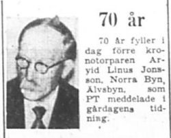 Jonsson Arvid Linus Norrabyn 70 år 1 Okt 1957 PT