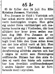 Jonsson Elin Kristina Vistträsk 65 år 24 Juli 1958 nk