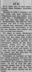 Karlsson Albin Krokträsk 60 år 15 Mars 1958 NK