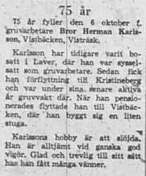 Karlsson Bror Herman Vistbäcken 75 år 6 okt 1965 NK